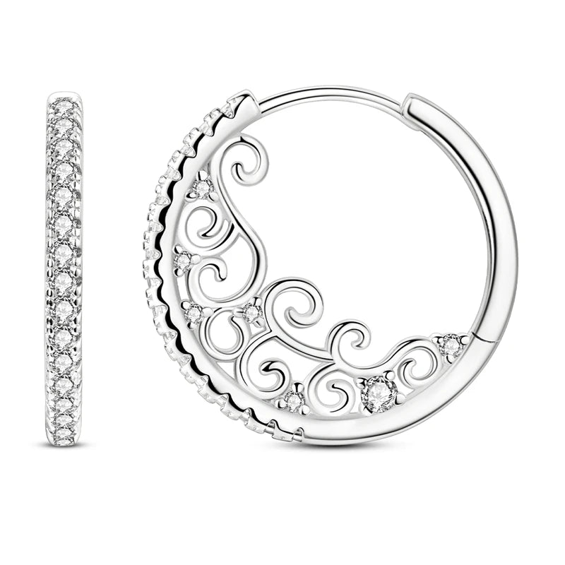 New 925 Sterling Silver Zircon Stone Vintage Floral and Stone Hoop Earrings Fine Jewelry