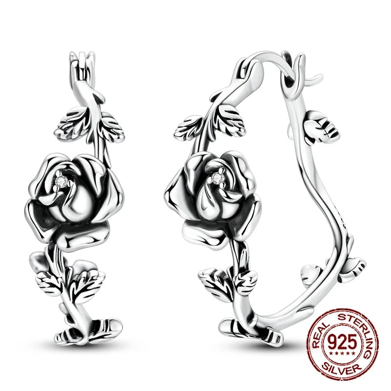 New 925 Sterling Silver 18k Gold Plated CZ Rose Hoop Earring Vintage Twisted Rose Vine Fine Jewelry