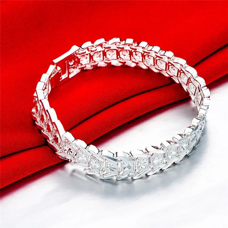 New 925 Sterling Silver Wide Wristband Bracelet Chain Fine Jewelry