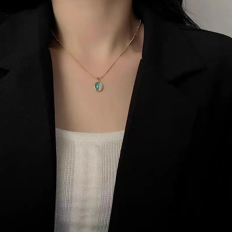 925 Sterling Silver Oval Sea Blue Pendant Necklace Exquisite Cat Eye Stone Lock Bone Chain Jewelry