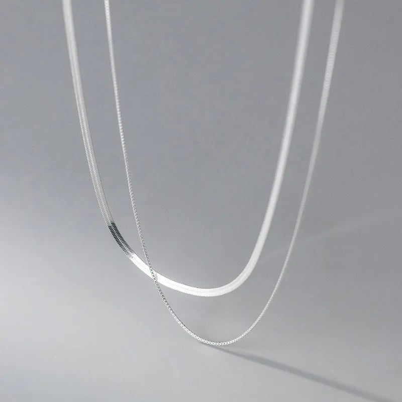 Fine 925 Silver Double Layer Box Chain Snake Clavicle Chain Necklace Fine Jewelry