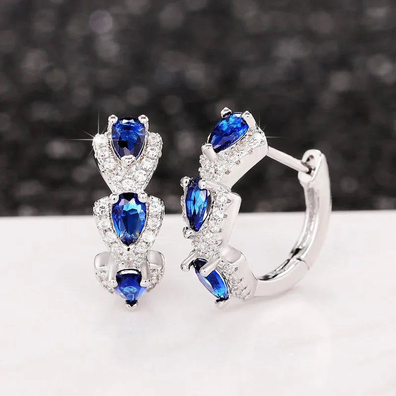 New 925 Sterling Silver Luxury Trendy Blue Cubic Zirconia Hoop Earrings Fine Jewelry Gift