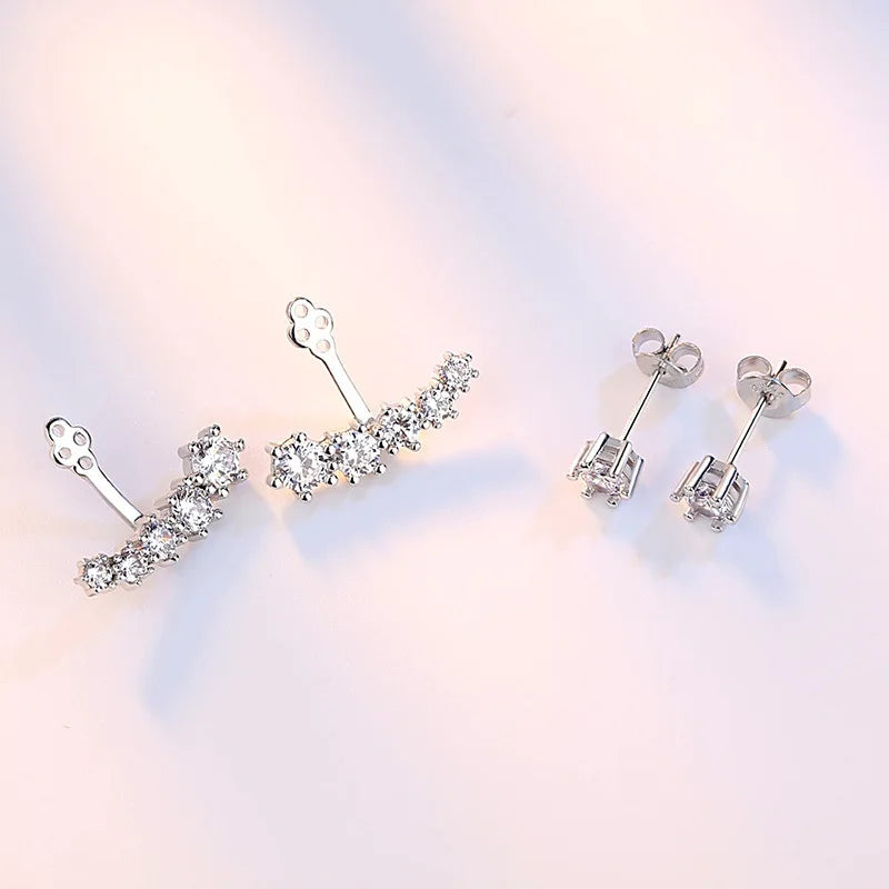 Luxury 925 Sterling Silver Zirconia Double Sided Leaves Stud Earrings