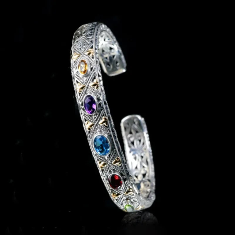 New 925 Silver Luxury Inlaid Colored Gemstone Bangle Bracelet Fine Jewelry