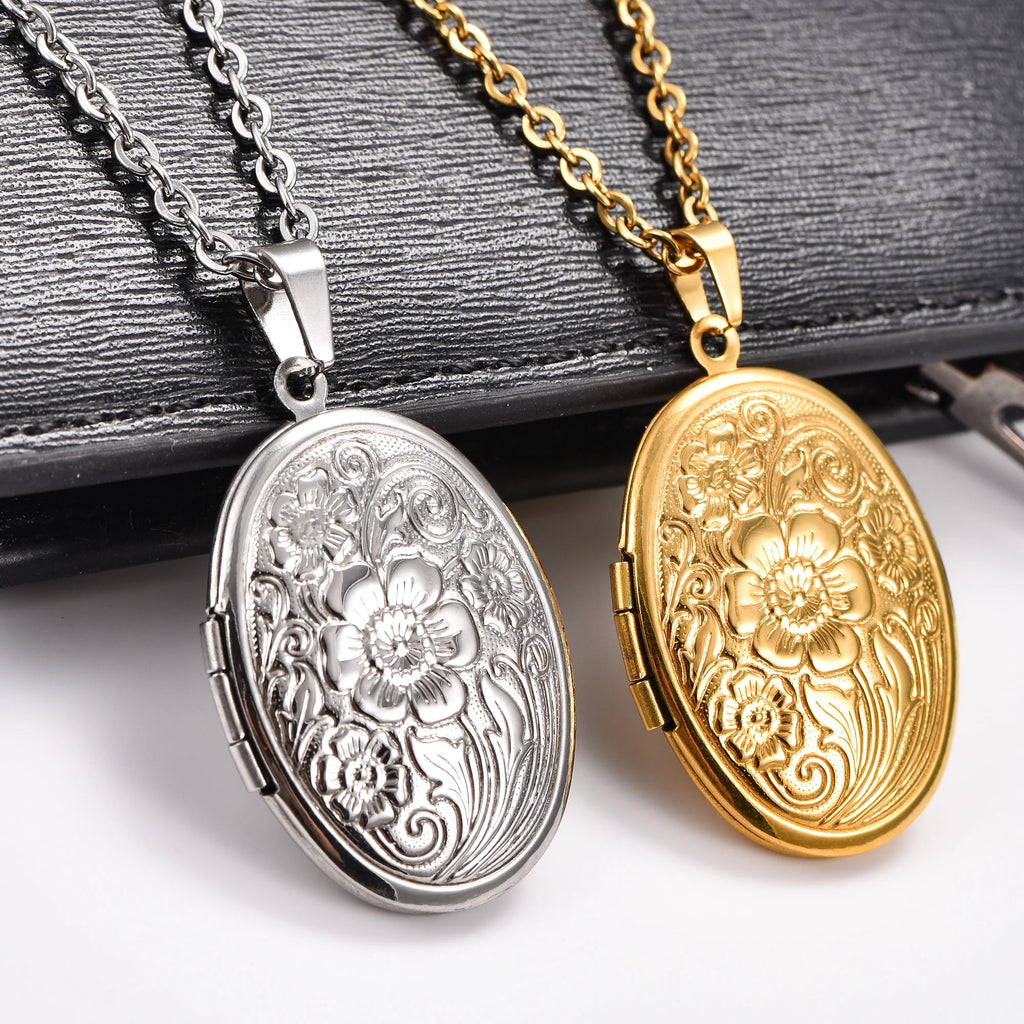 Carved Floral Stainless Steel Egg Photo Locket Pendant Necklace for Women Men Openable Picture Frame Charms Chain Metal Jewelry