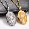 Carved Floral Stainless Steel Egg Photo Locket Pendant Necklace for Women Men Openable Picture Frame Charms Chain Metal Jewelry