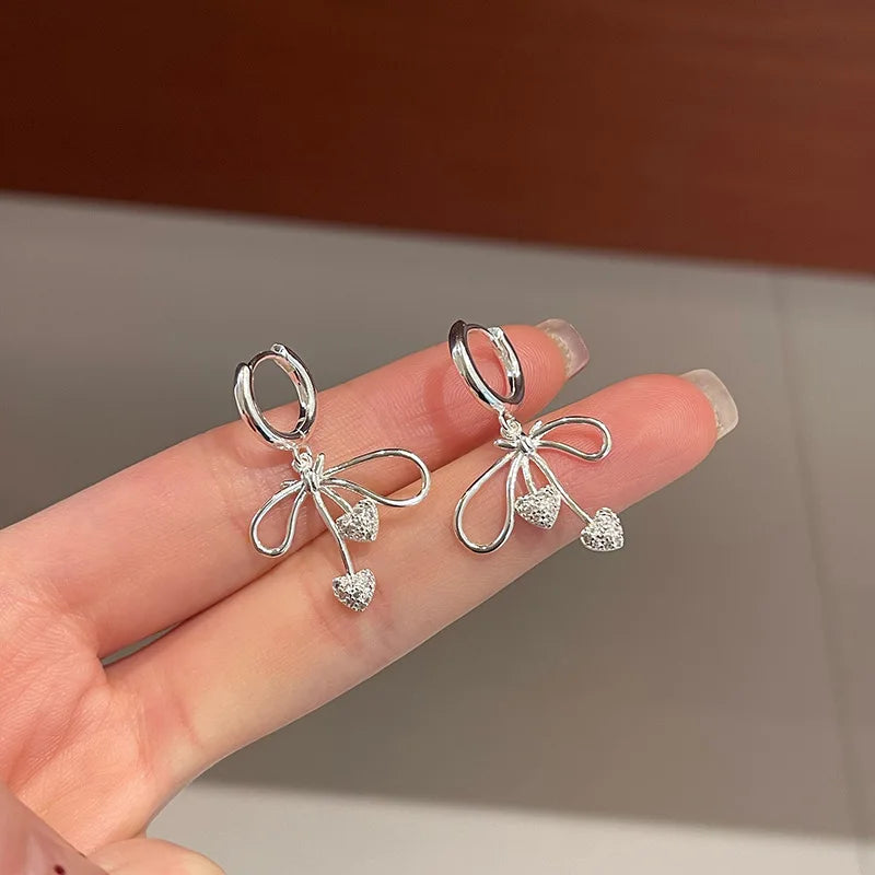 New 925 Sterling Silver Charming Hollow Love Heart Bow Hoop Earring Luxury Jewelry