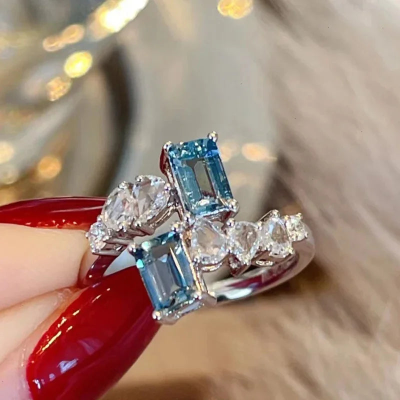 925 Silver Rings Zircon Crystal Adjustable Ring Bride Promise Engagement Wedding Fine Jewelry