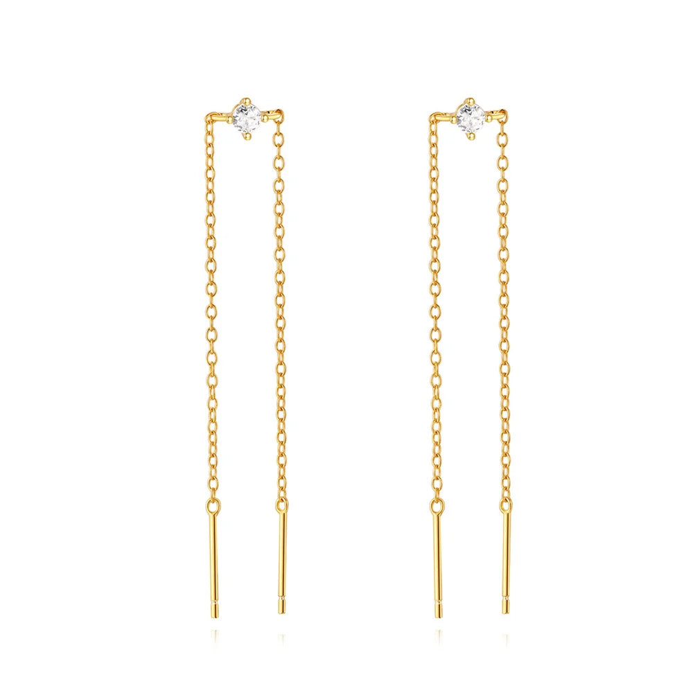 Fine 925 Sterling Silver 18k Gold Plated Zircon Tassel Chain Earrings Fine Jewelry