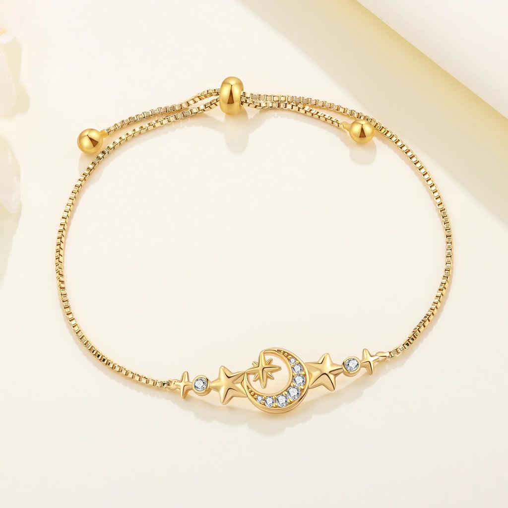 S925 Sterling Silver 18K Gold Plated Star Moon Bracelet Fine Jewelry