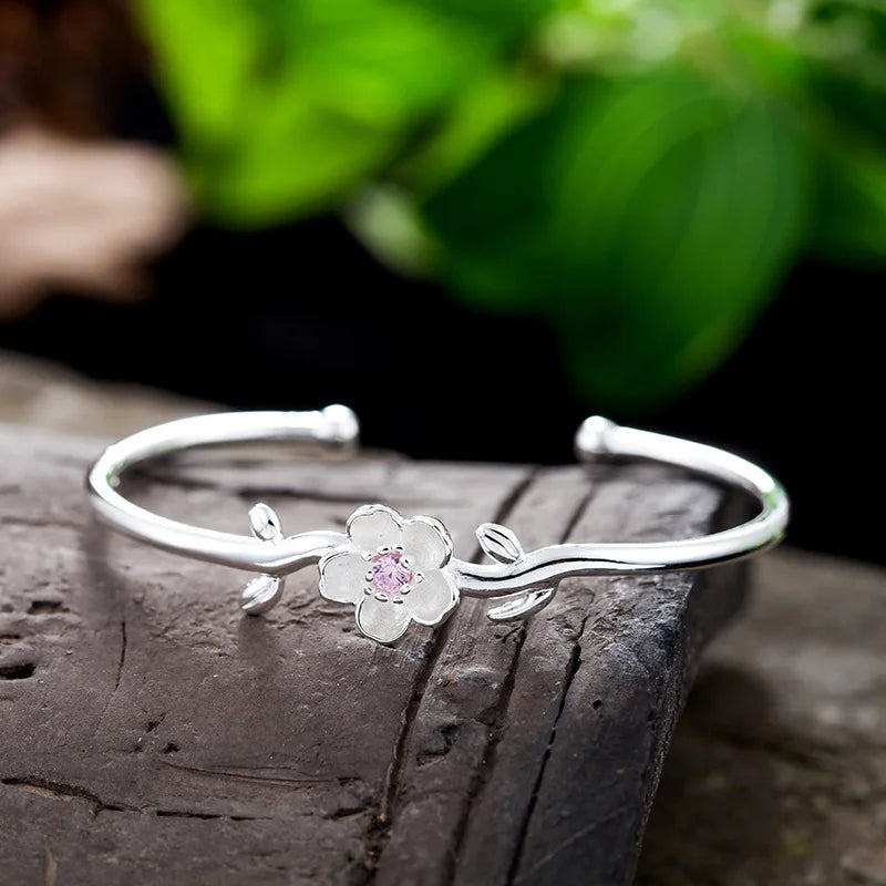 New 925 Sterling Silver Crystal Cherry Flowers Bracelet Fine Jewelry