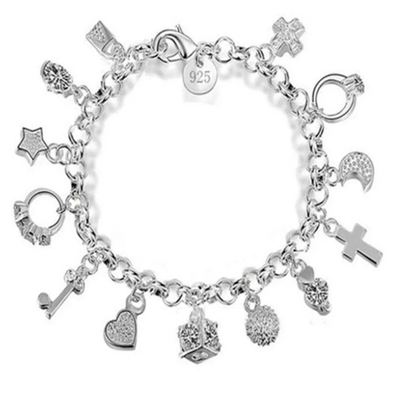 New 925 Sterling Silver 13Pcs Charm Bracelet Fine Jewelry