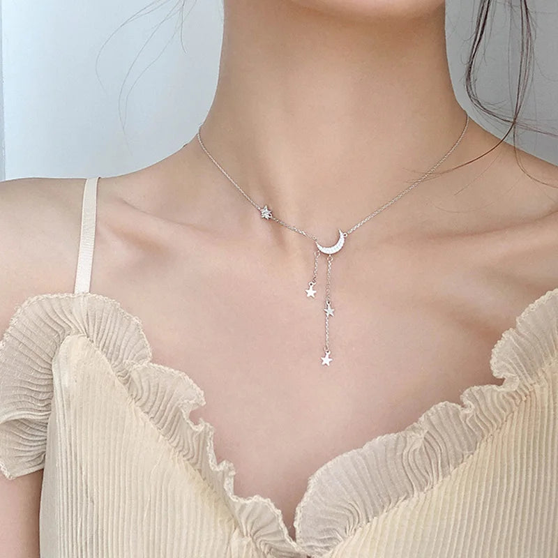 925 Sterling Silver Star Moon Necklace Tassel Collarbone Chain Sparkling AAA Zircon Pendant Fine Jewelry