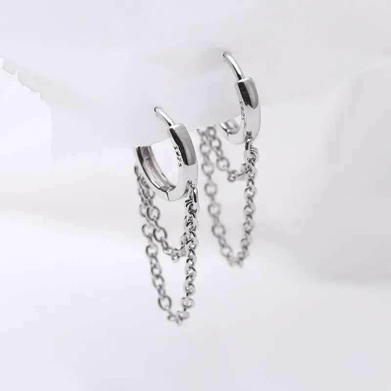 New 925 Sterling Silver Double Layer Tassel Hoop Earrings Fine Fashion Jewelry