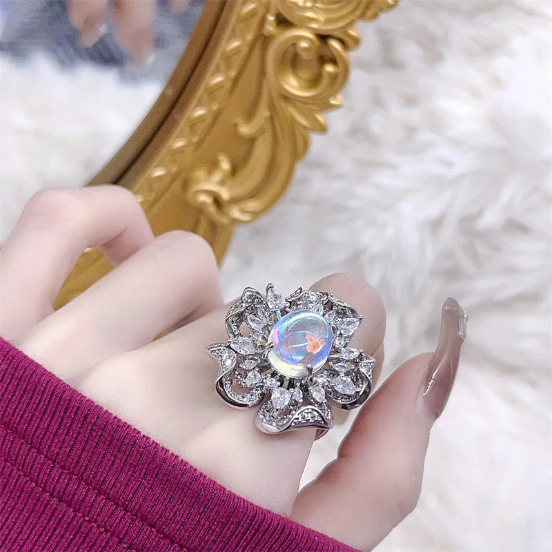 Solid 925 Sterling Silver Luxury Moonstone Opal Zircon Big Flower Open Ring Fine Jewelry