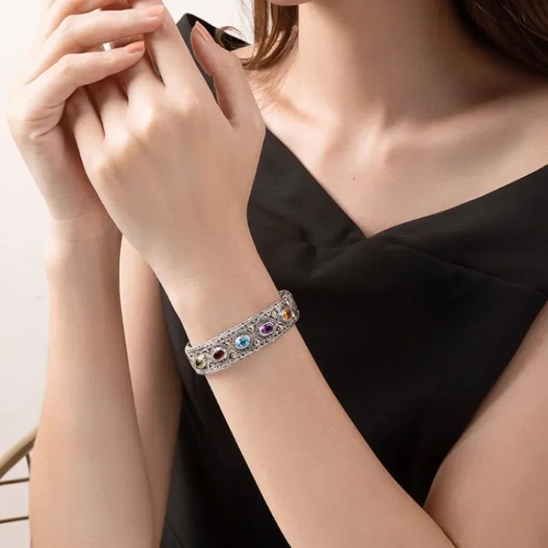 New 925 Silver Luxury Inlaid Colored Gemstone Bangle Bracelet Fine Jewelry