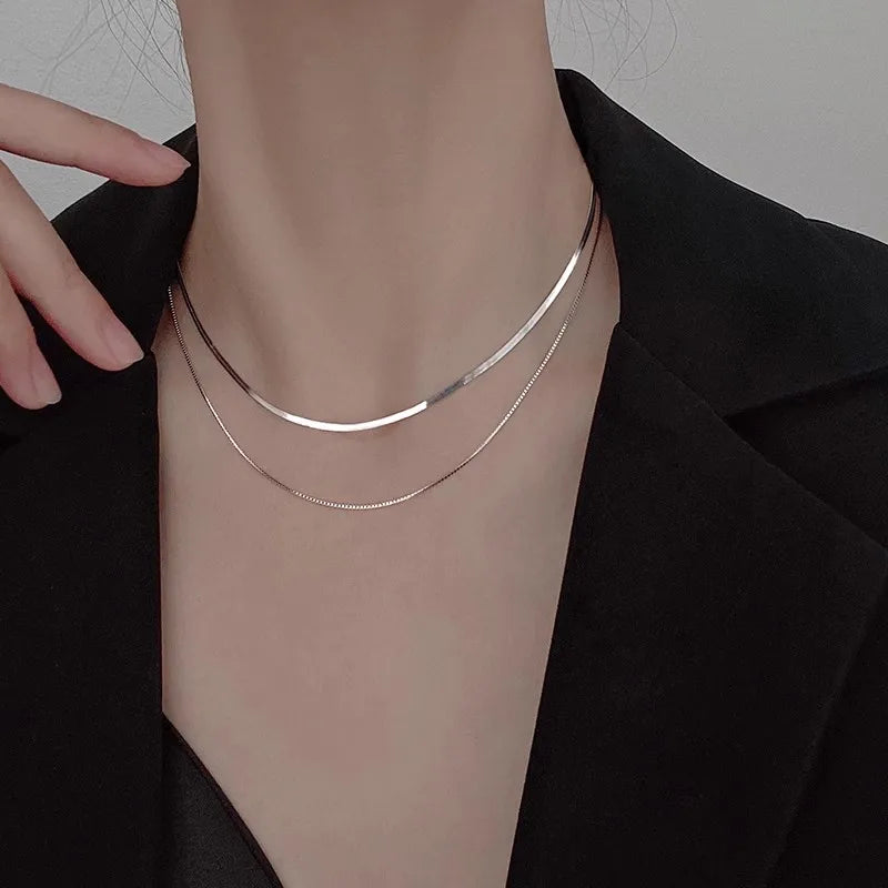 Fine 925 Silver Double Layer Box Chain Snake Clavicle Chain Necklace Fine Jewelry