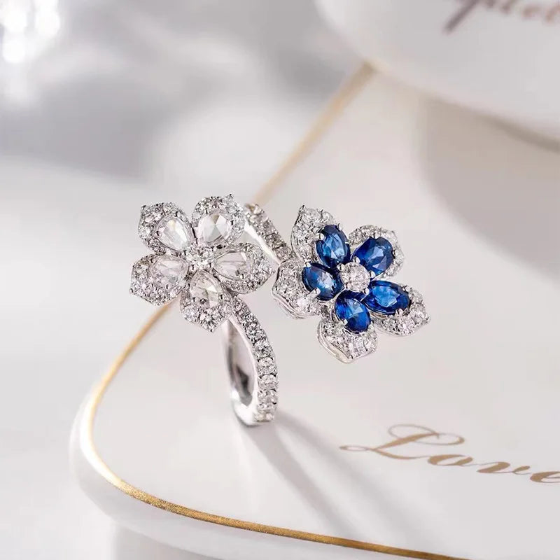 925 Sterling Silver Blue Zircon Crystal Adjustable Twisted Leaves Flowers Ring Fine Jewelry
