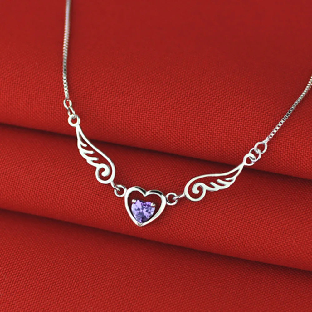 925 Sterling Silver Fashion Light Luxury Angel Love Wings Zircon Necklace