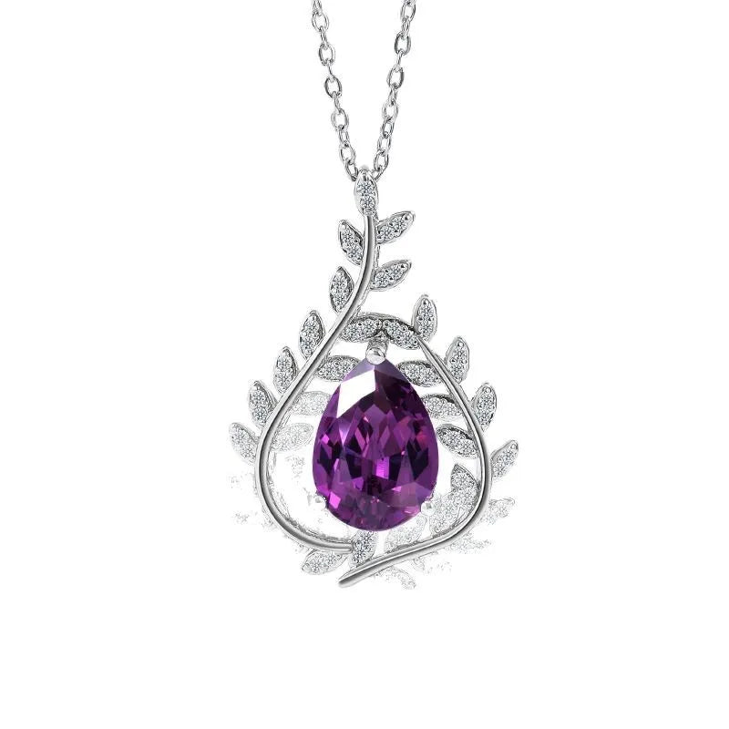 Pure 925 Sterling Silver Purple Zircon Pendant Necklace Premium Leaf Design Elegant Clavicle Chain