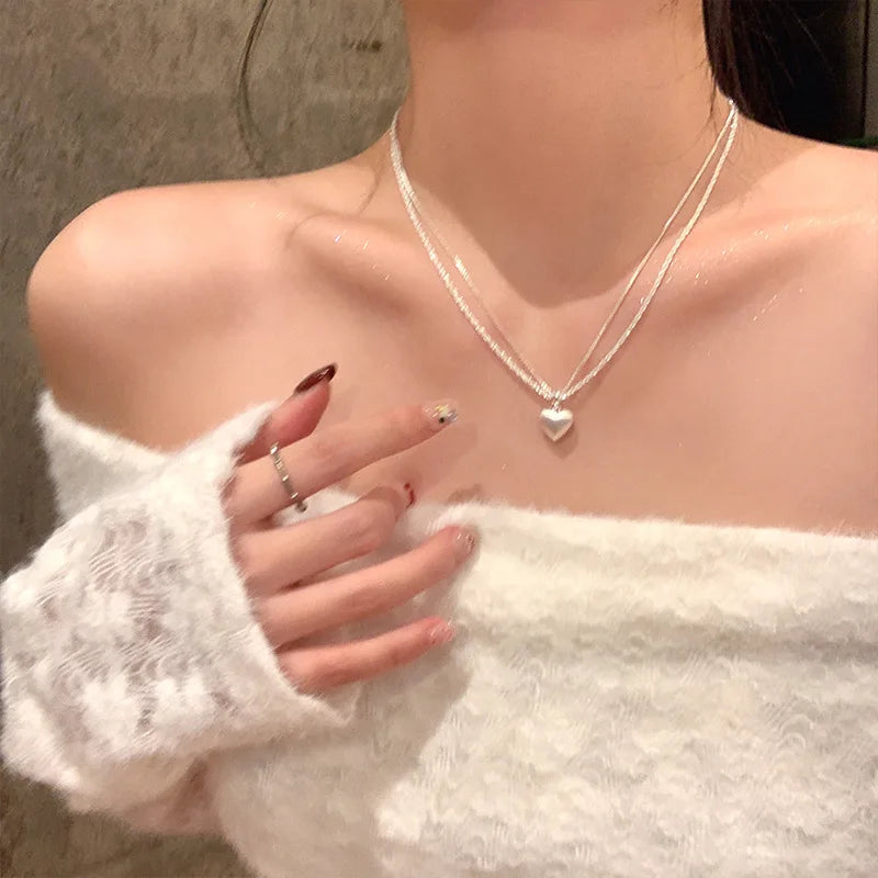 Fine 925 Sterling Silver Love Necklace Simple Style Heart Charm Pendant Choker Fine Jewelry
