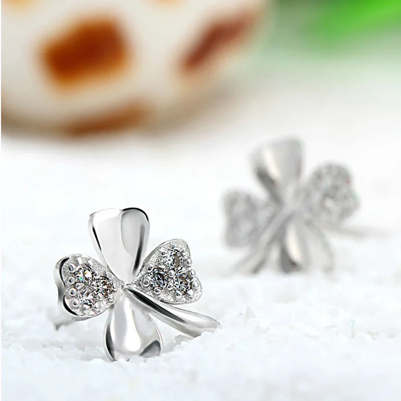 New 925 Sterling Silver Zircon Lucky 4 Leaf Clover Stud Earrings Fine Jewelry