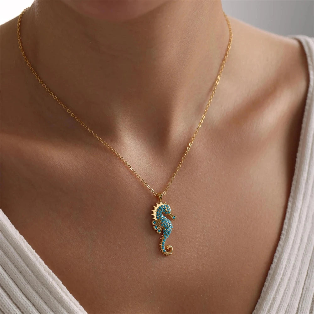 Turquoise Seahorse Pendant Necklace for Women 18K Gold Plated Stainless Steel Ocean Animal Choker Boho Summer Beach Jewelry Gift