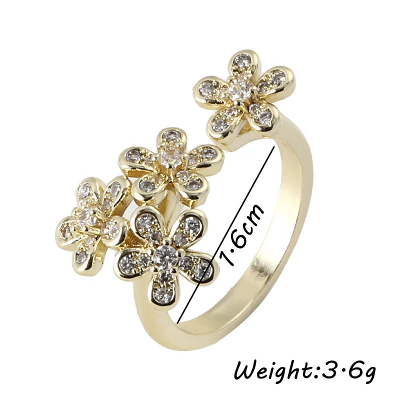 925 Sterling Silver 18k Gold Plated White Zircon Three Sunflower Ring Fine Jewelry
