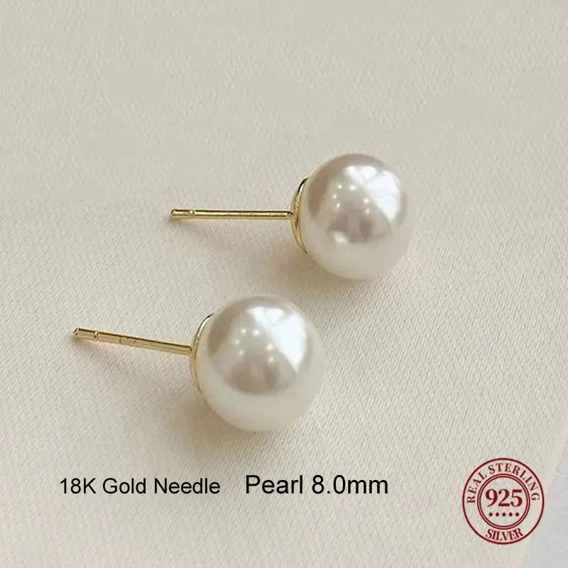 925 Sterling Silver 18k Gold Plated Freshwater Pearl Stud Earrings Fine Jewelry