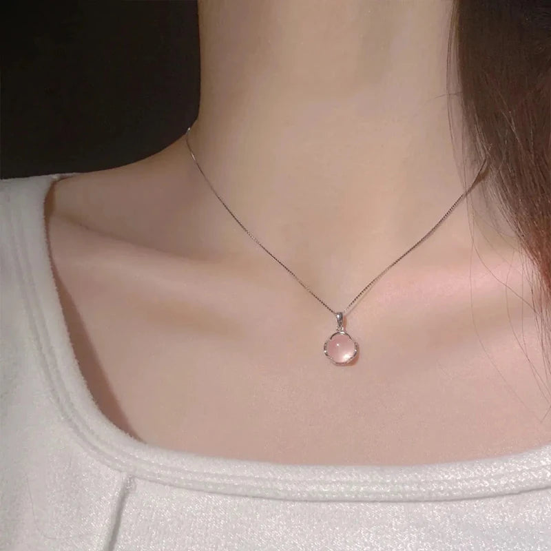 925 Sterling Silver round Pendant Necklace with Pink Crystal Elegant Choker Jewelry