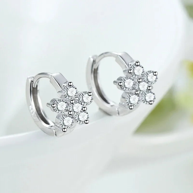 New 923 Sterling Silver Charming Snowflake Pure Zircon Hoop Earrings Fine Jewelry