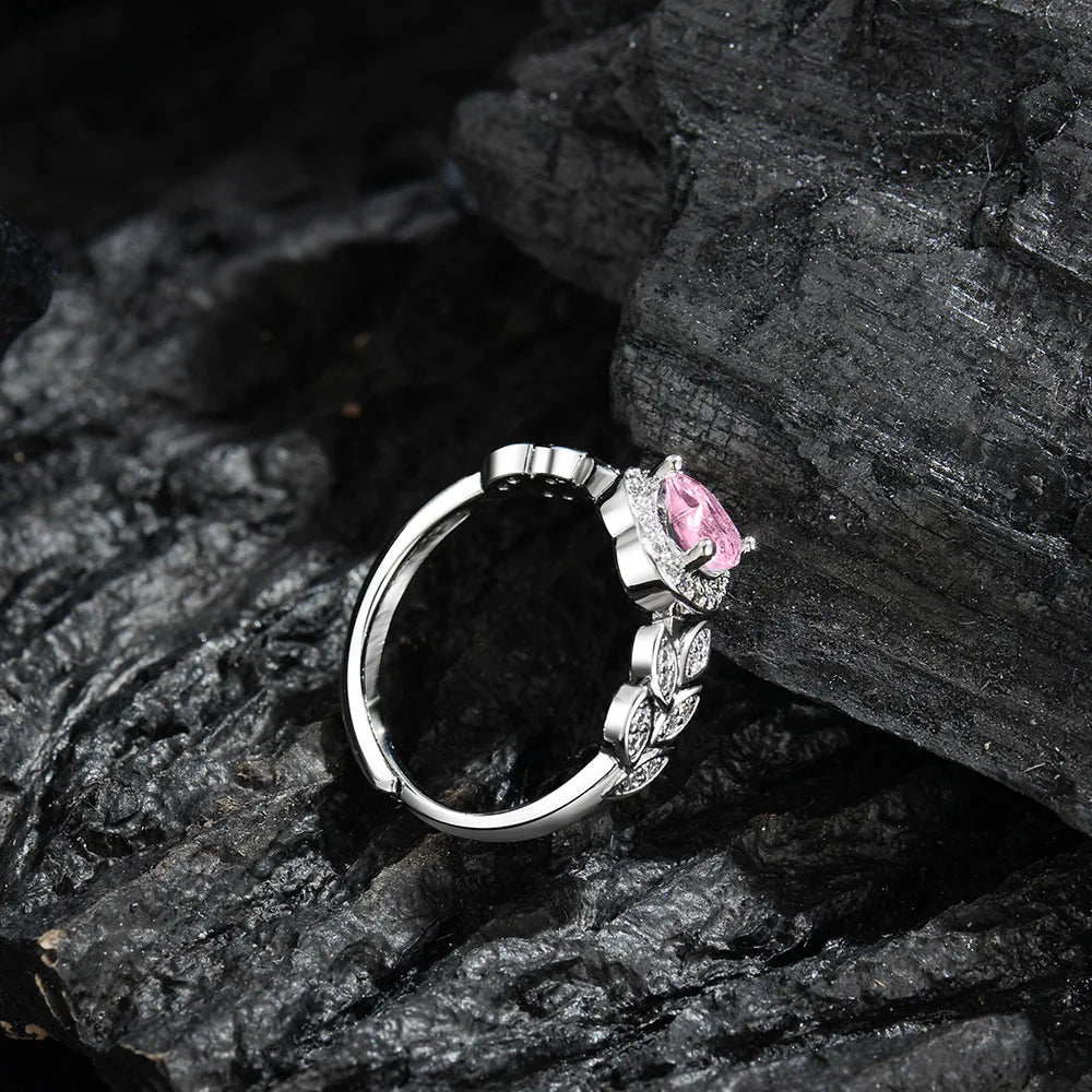 925 Sterling Silver Ring Shining Pink Heart Zircon Fine Jewelry
