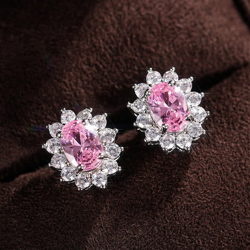 New 925 Sterling Silver Pure Zircon Birthstone Sunflower Shape Stud Earrings Oval Luxury Fine Jewelry