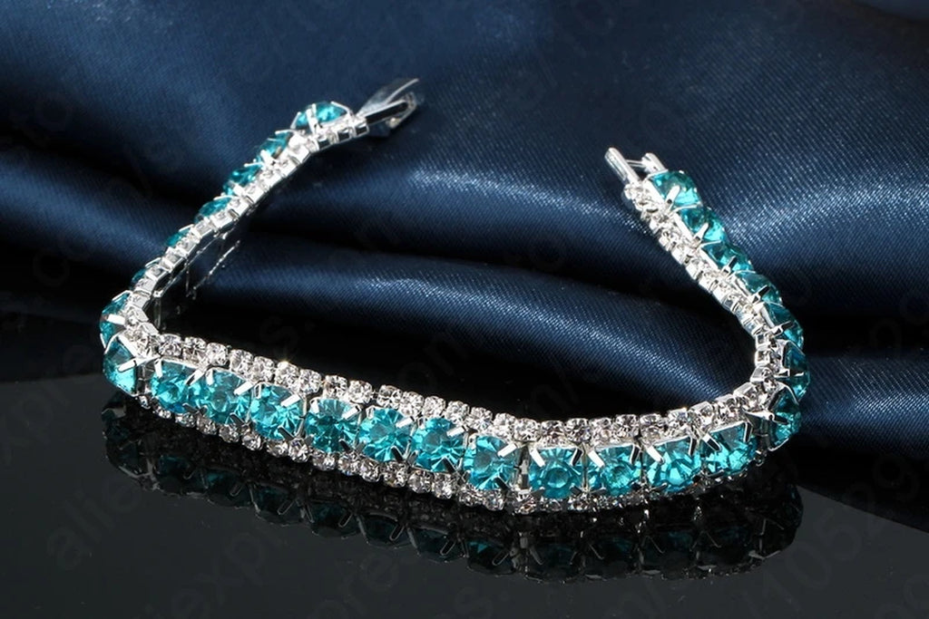  925 Sterling Silver Bohemian Blue Rhinestone Cubic Zircon Bangle Bracelet