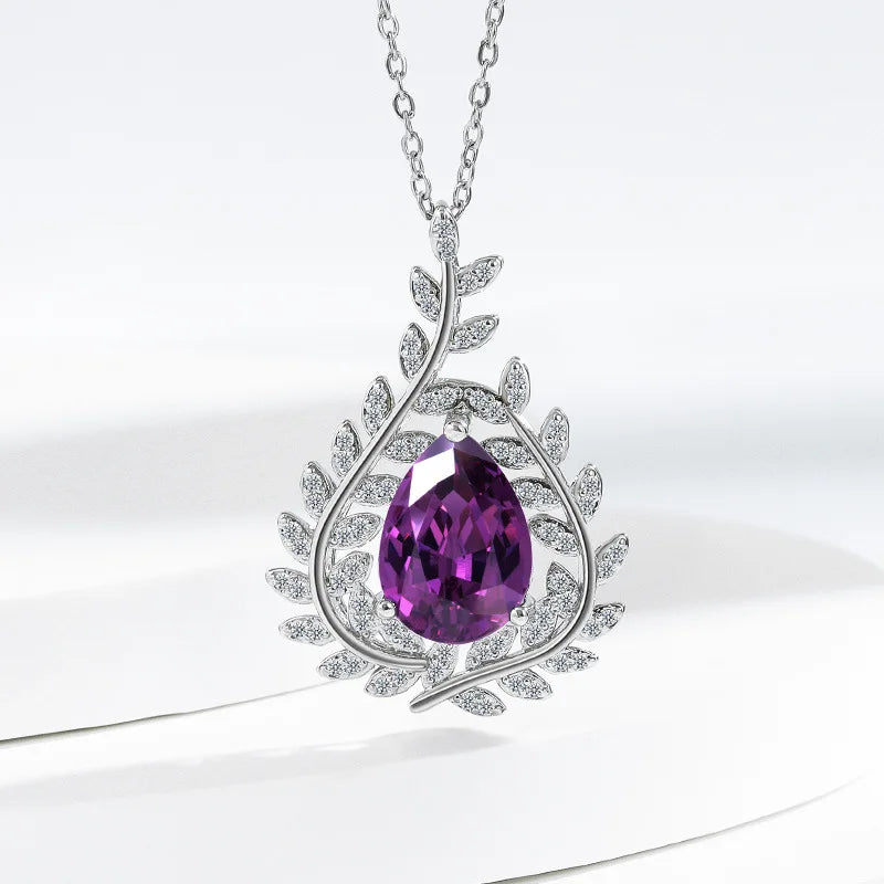 Pure 925 Sterling Silver Purple Zircon Pendant Necklace Premium Leaf Design Elegant Clavicle Chain