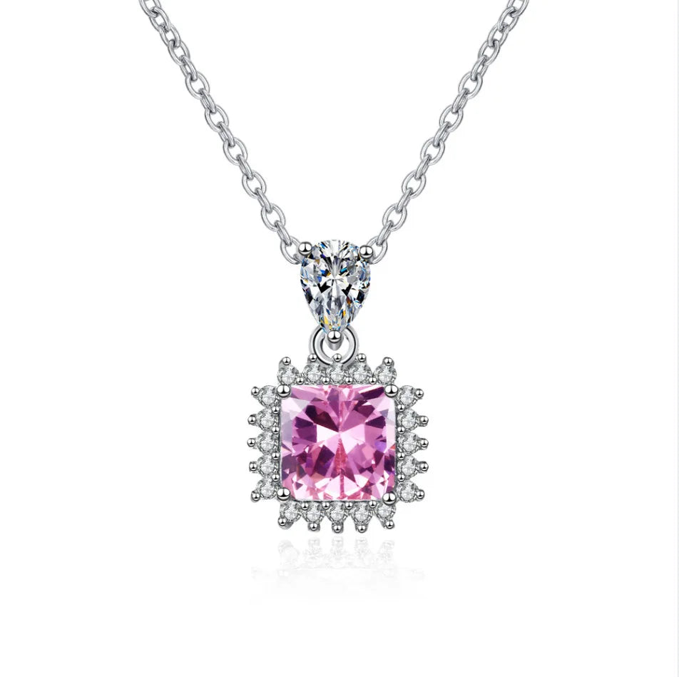 Fine 925 Sterling Silver Necklace Pendant Charm Shining Pink Zircon Jewelry