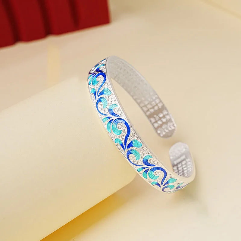 New Sterling Silver 925 Blue Green Enamel Roll Pattern Bangle Cuff Bracelet