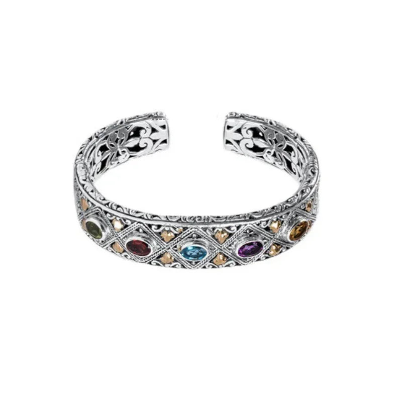 New 925 Silver Luxury Inlaid Colored Gemstone Bangle Bracelet Fine Jewelry