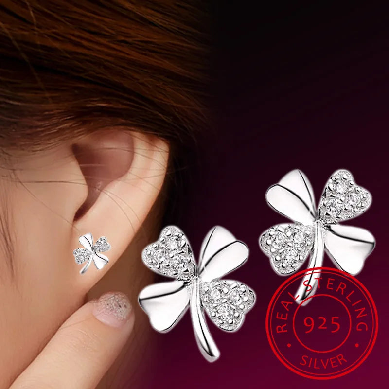 New 925 Sterling Silver Zircon Lucky 4 Leaf Clover Stud Earrings Fine Jewelry