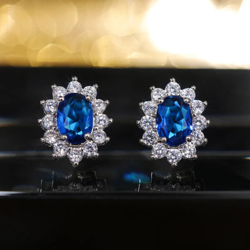 New 925 Sterling Silver Pure Zircon Birthstone Sunflower Shape Stud Earrings Oval Luxury Fine Jewelry