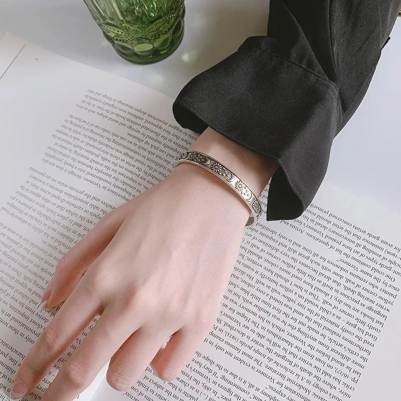 Pure 925 Sterling Silver Retro Personality Star Moon and Flower Bangle Cuff Bracelet