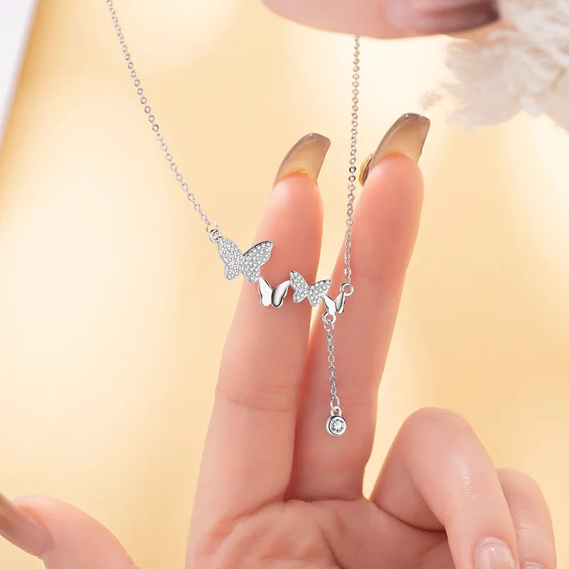 Fine 925 Sterling Chain Silver Butterfly Necklace Fashionable Tassel Collarbone Jewelry