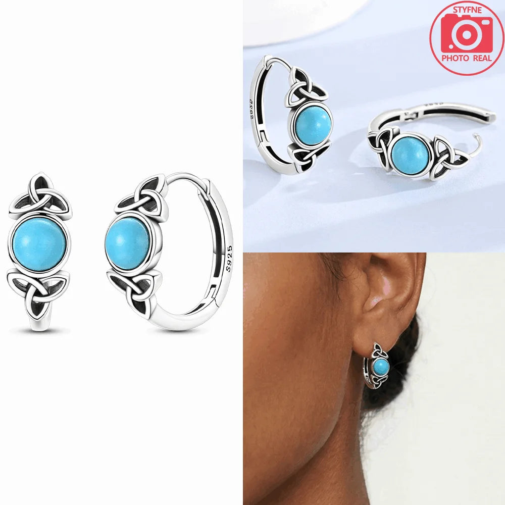 925 Silver Celtic Knot Blue Pine Hoop Earrings Jewelry