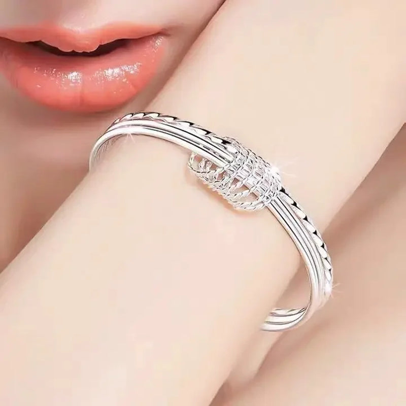 Pure 925 Sterling Silver Fine Three Circles Bangle Bracelet Jewelry