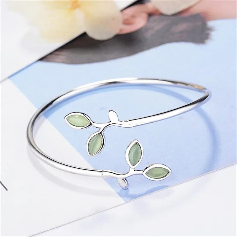  Exquisite 925 Sterling Silver Pure Zircon Bangle Bracelet Leaves Adornment Fine Jewelry