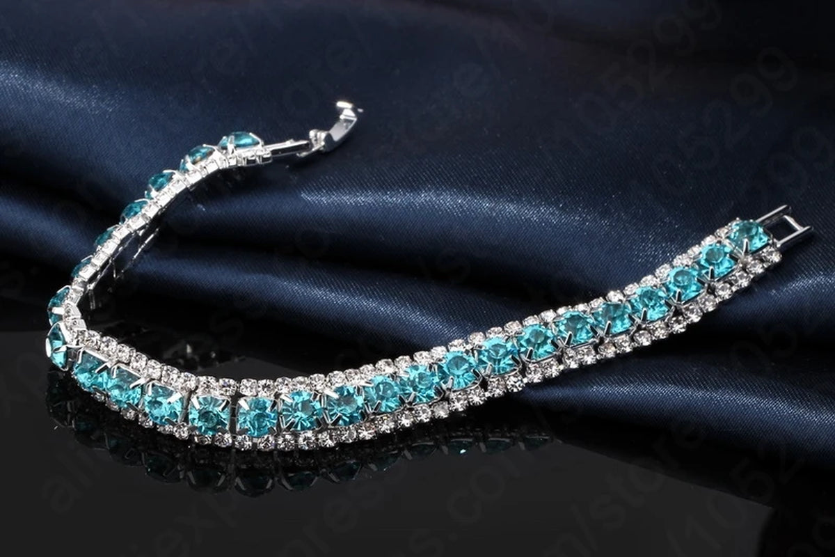  925 Sterling Silver Bohemian Blue Rhinestone Cubic Zircon Bangle Bracelet