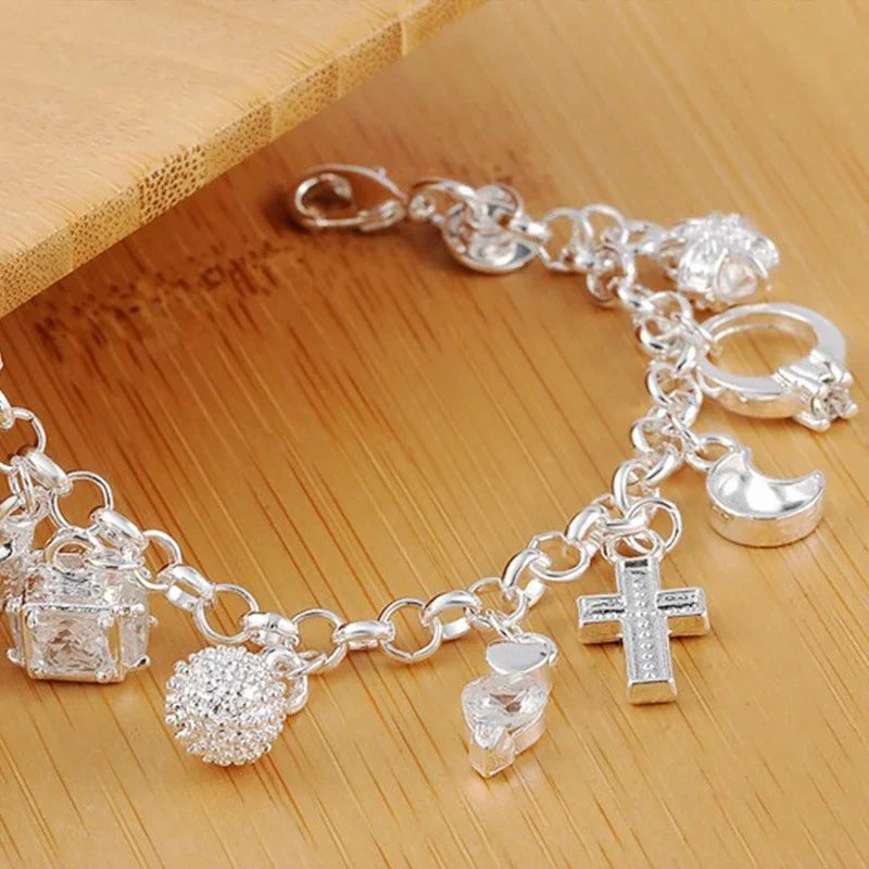 New 925 Sterling Silver 13Pcs Charm Bracelet Fine Jewelry