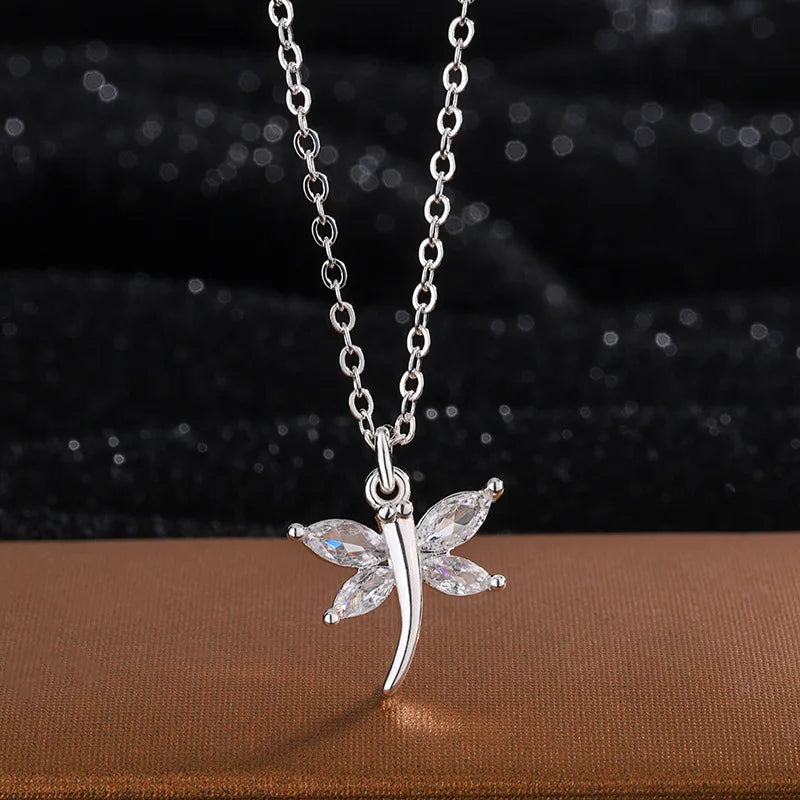 Fine 925 Sterling Silver Crystal Dragonfly Pendant Exquisite Necklace