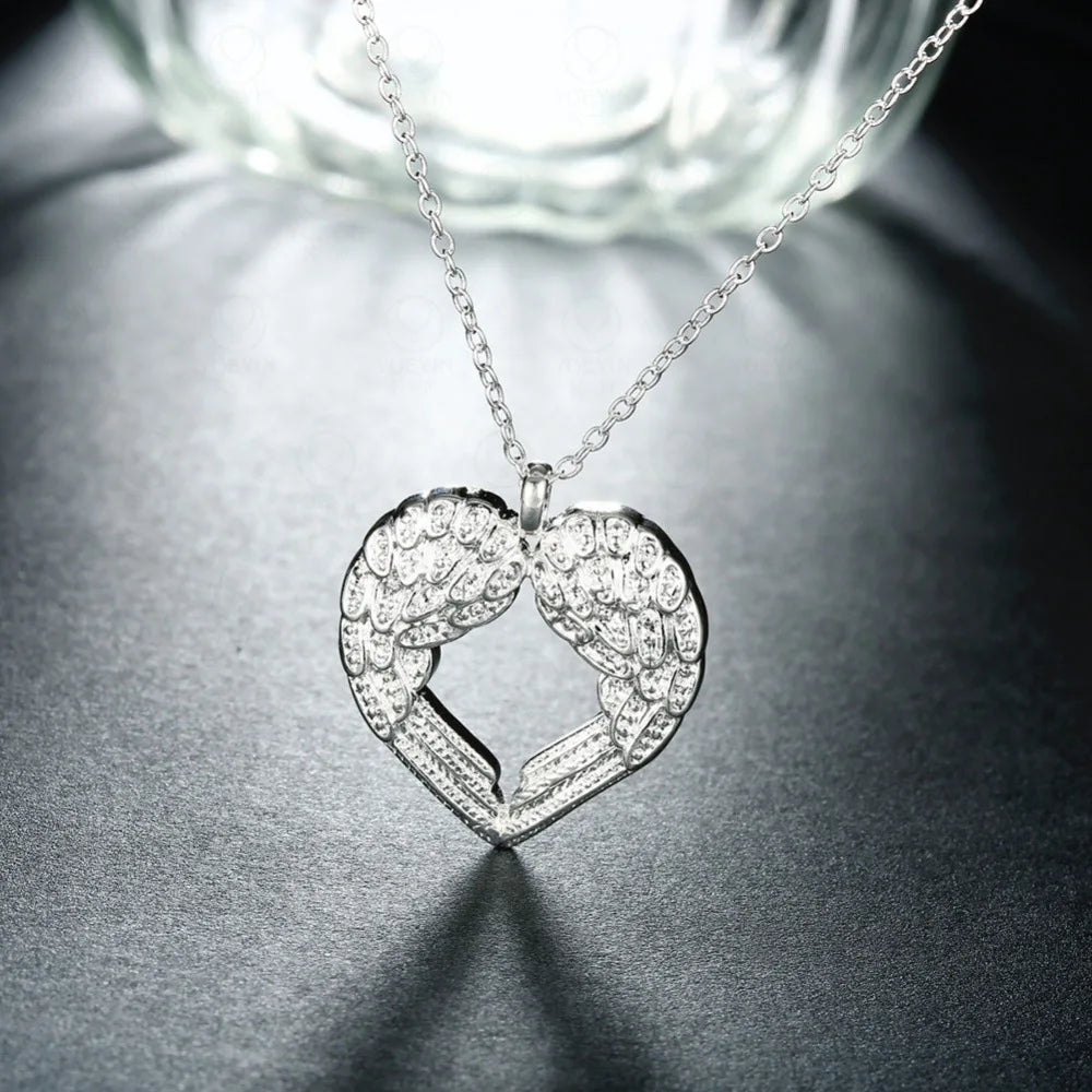 Fine 925 Sterling Silver Chain Heart Angel Wings Pendant Necklace Jewelry
