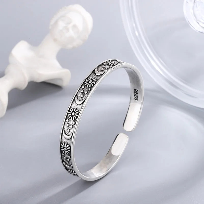 Pure 925 Sterling Silver Retro Personality Star Moon and Flower Bangle Cuff Bracelet